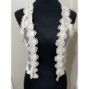 American Rag Ivory Floral Lace Vest Womens Small Boho Cropped Open Front Cream